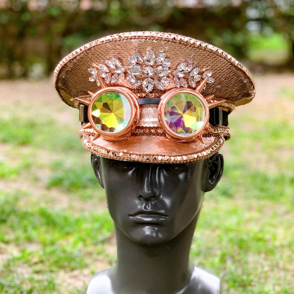 Pink Steampunk Burning Man Captain Hat & Goggles Music Festival Party Costume - Picture 2 of 4